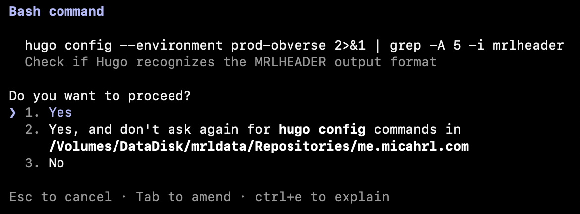 A screenshot of Claude Code attempting to run 'hugo config ... | grep ...' with an option to allow running it and any other 'hugo config' command in the future